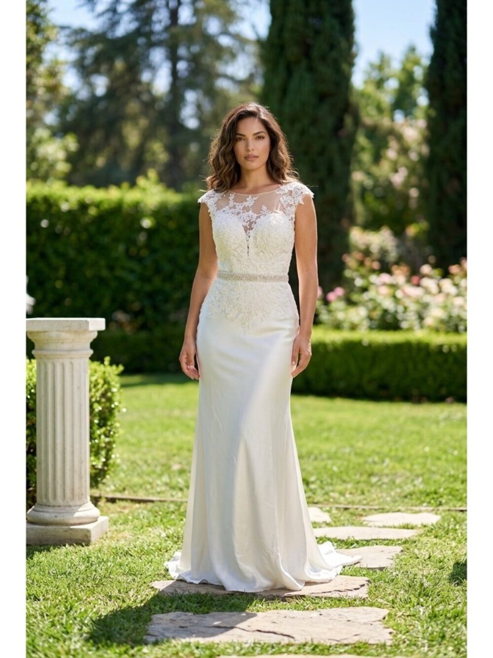 TS Couture Lace & Satin Ivory Wedding Gown With Sheer Lace Back And Button Detai
